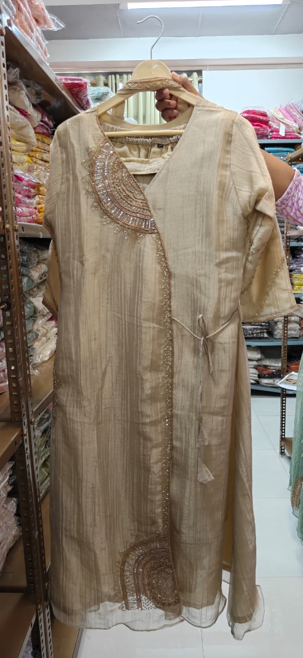 Elegant Cut-Dana With Sequin Half Rounded Embroidery Angrakha Style Salsa Fabric A-Line Full Suit Set With Chowker Dupatta- 15973