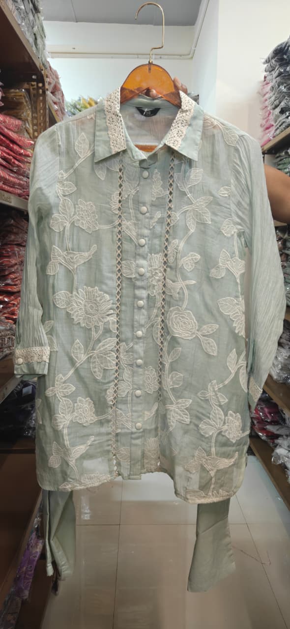 Beige/Cream Floral Embroidered Button-Down Co-Ord Set with Lace Panels & Crosia Collar- 15968
