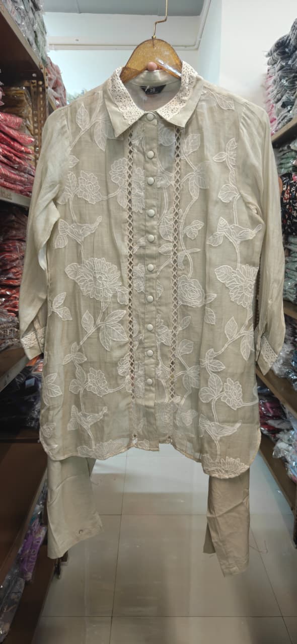 Beige/Cream Floral Embroidered Button-Down Co-Ord Set with Lace Panels & Crosia Collar- 15968