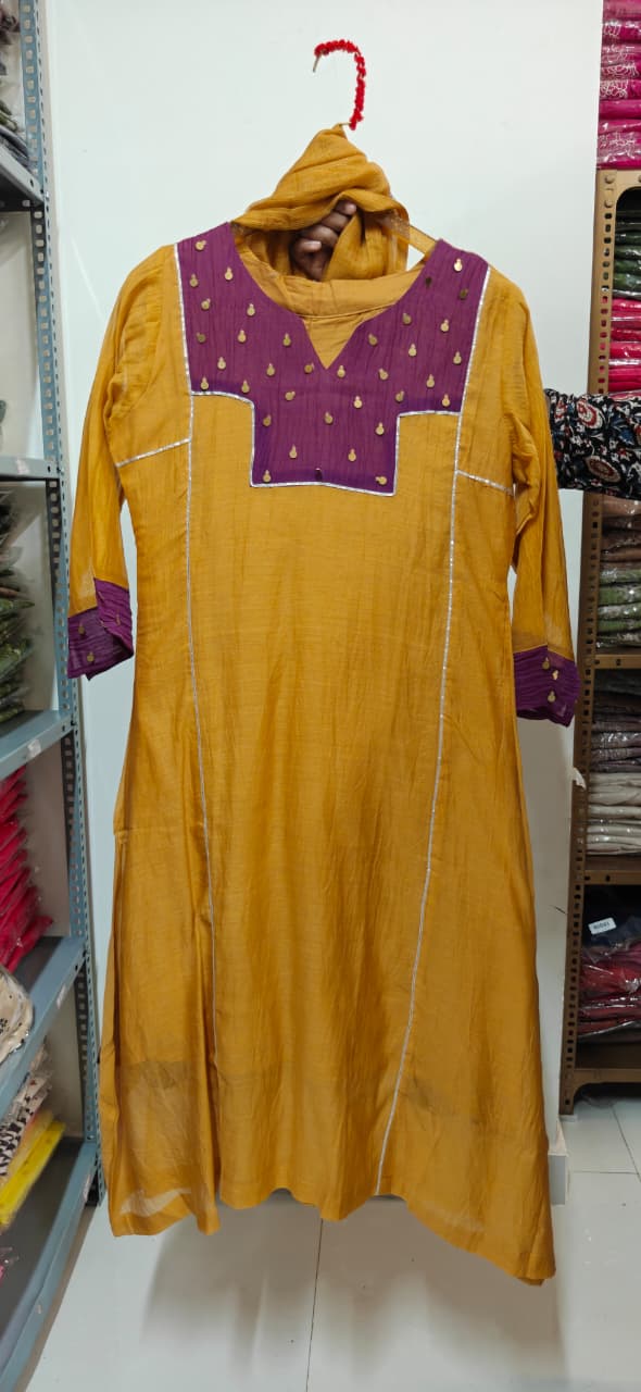Scattered Foil Tasseled Assymetric Yoke Dual Tone A-Line Full Suit Set With Dupatta- 15992