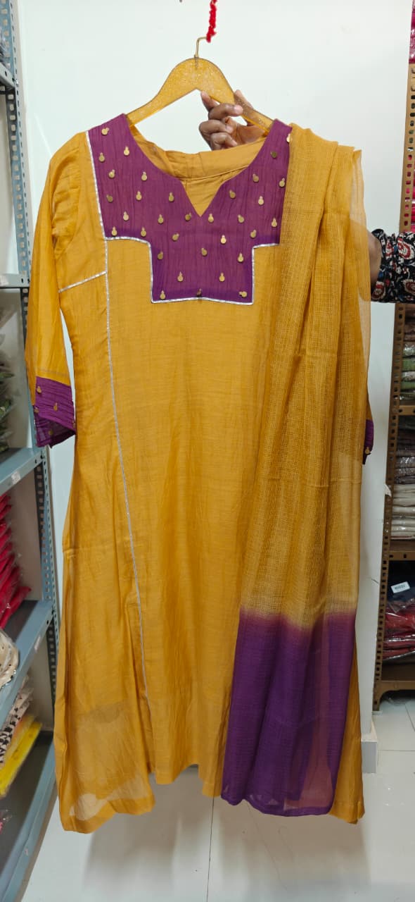 Scattered Foil Tasseled Assymetric Yoke Dual Tone A-Line Full Suit Set With Dupatta- 15992