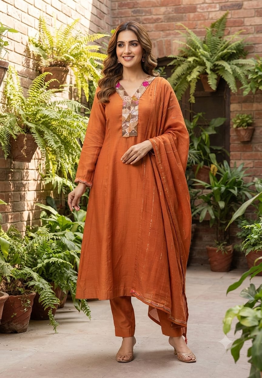 Multicolor Rich Shine Sequin Abstract Embroidered Panel A-Line Mul-Chanderi Full Suit Set With Dupatta- 15975