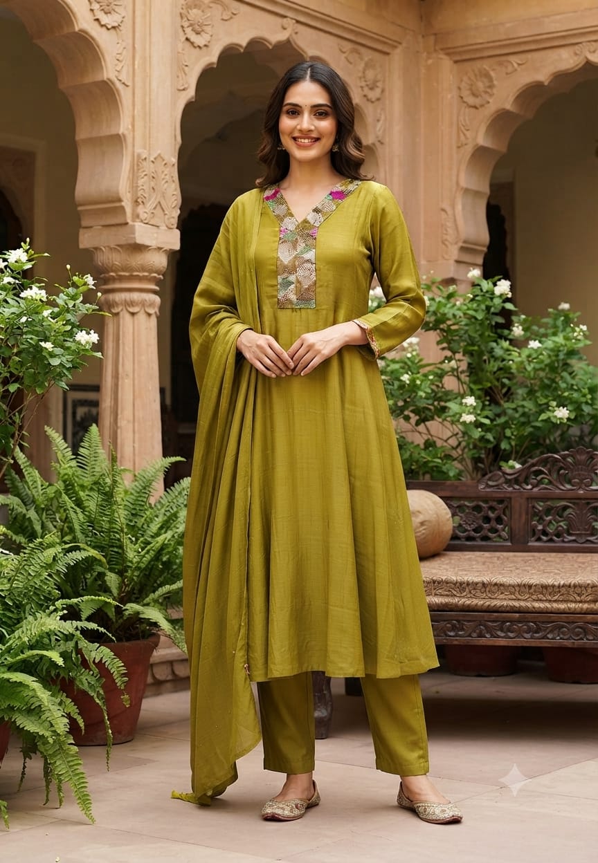 Multicolor Rich Shine Sequin Abstract Embroidered Panel A-Line Mul-Chanderi Full Suit Set With Dupatta- 15975
