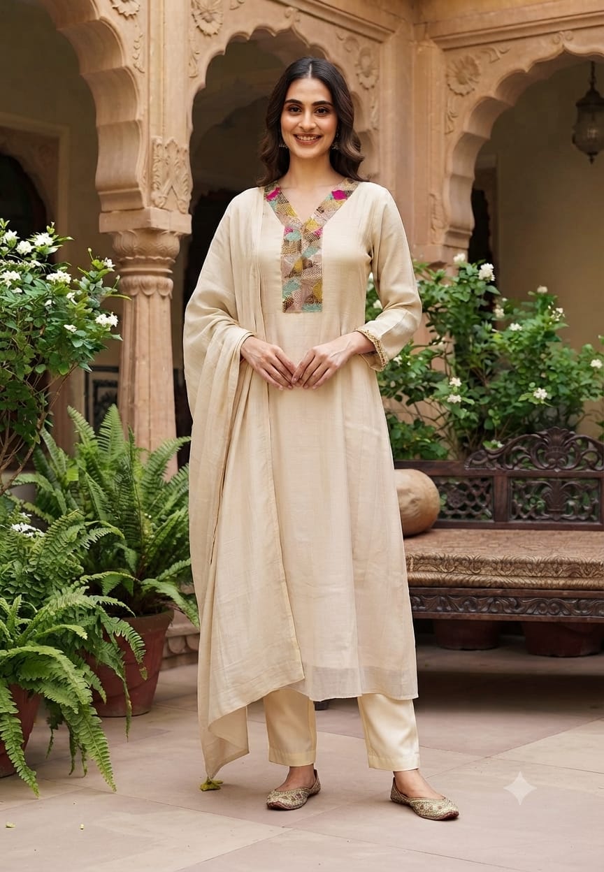 Multicolor Rich Shine Sequin Abstract Embroidered Panel A-Line Mul-Chanderi Full Suit Set With Dupatta- 15975