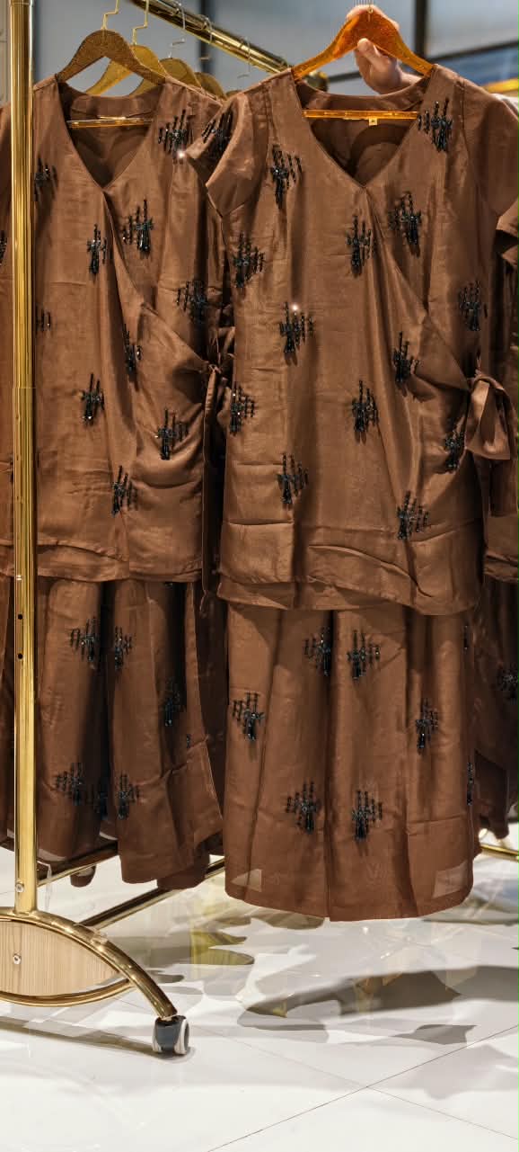 Chocolate Brown Embellished Wrap Tie Top and Wide-Leg Pants Co-Ord In Shimmer Tissue Fabric- 16063