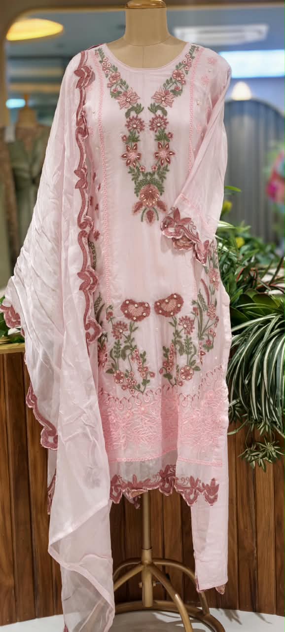 Pakistani Inspired Pattern Floral Embroidered Full Suit Set With Dupatta In Organza Fabric- 16073