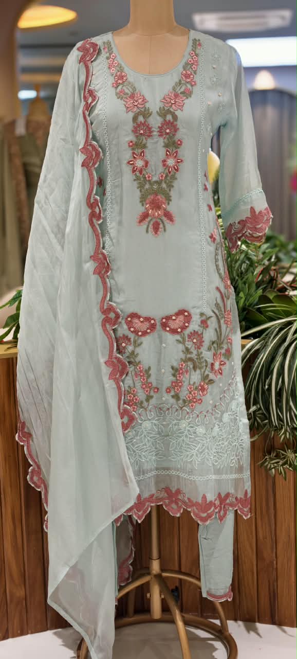 Pakistani Inspired Pattern Floral Embroidered Full Suit Set With Dupatta In Organza Fabric- 16073