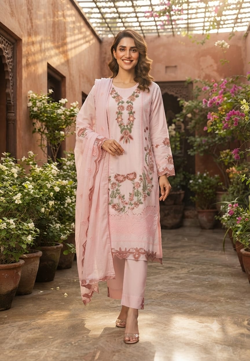 Pakistani Inspired Pattern Floral Embroidered Full Suit Set With Dupatta In Organza Fabric- 16073