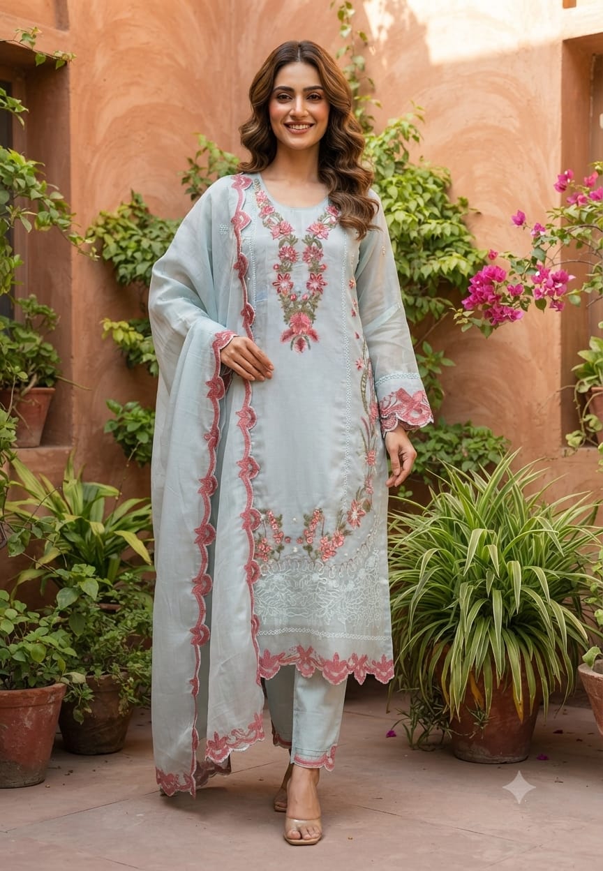 Pakistani Inspired Pattern Floral Embroidered Full Suit Set With Dupatta In Organza Fabric- 16073