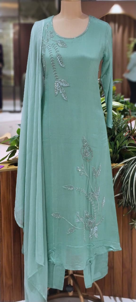 Vine & Floral Branch Intricate Cutdana Embroidered Full Suit Set With Dupatta- 15939