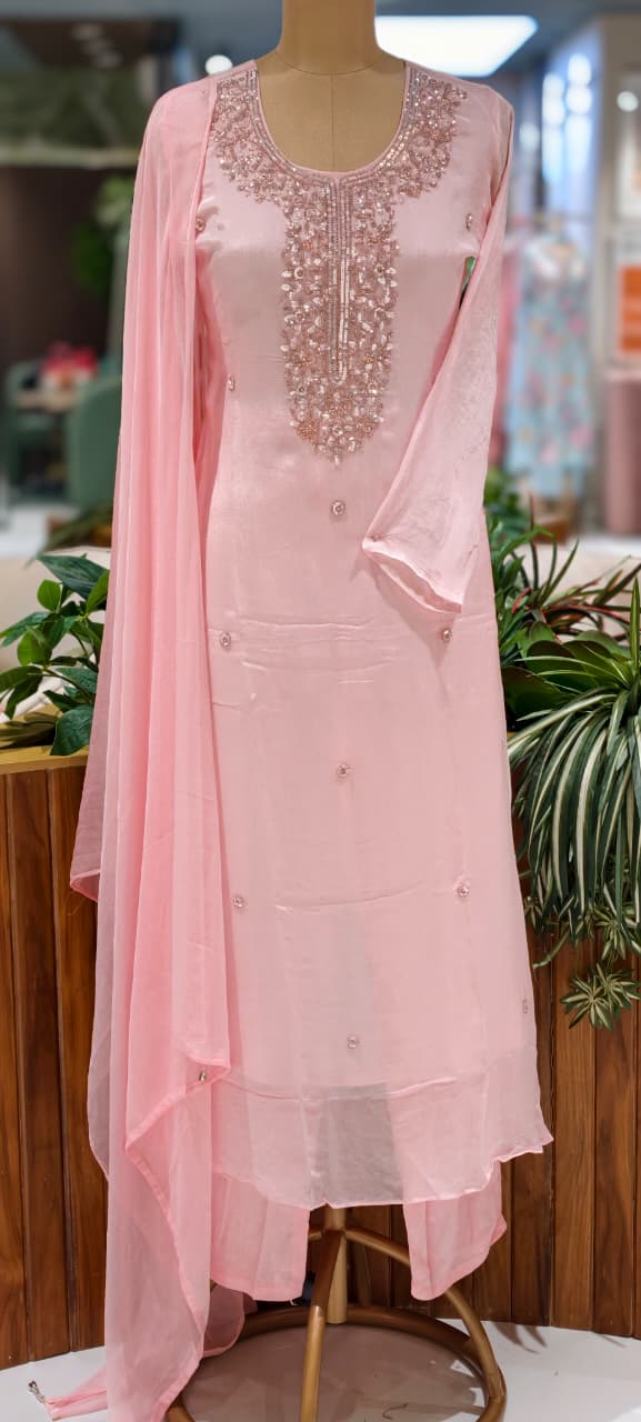 Premium Chinon Pastel Elegance Scattered Bootis & Cut-Dana Ensembelled Full Suit Set With Dupatta- 15502