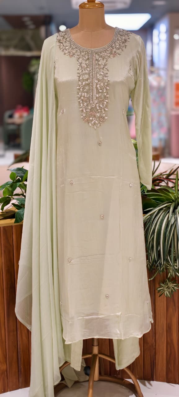 Premium Chinon Pastel Elegance Scattered Bootis & Cut-Dana Ensembelled Full Suit Set With Dupatta- 15502