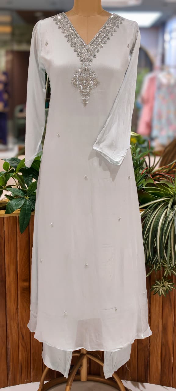 Elegant V-Neck Heavily Embellished Neckline Chinon Full Suit Set With Dupatta- 15949