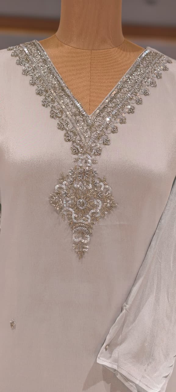 Elegant V-Neck Heavily Embellished Neckline Chinon Full Suit Set With Dupatta- 15949