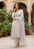 Elegant V-Neck Heavily Embellished Neckline Chinon Full Suit Set With Dupatta- 15949