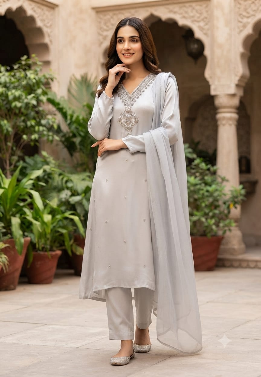 Elegant V-Neck Heavily Embellished Neckline Chinon Full Suit Set With Dupatta- 15949