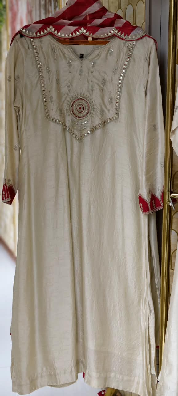 Creamish White Zardosi Ivory Embroidered Yoke With Vibrant Contrasted Twin Color Russian Silk Full Suit Set With Striped Dupatta- 15984