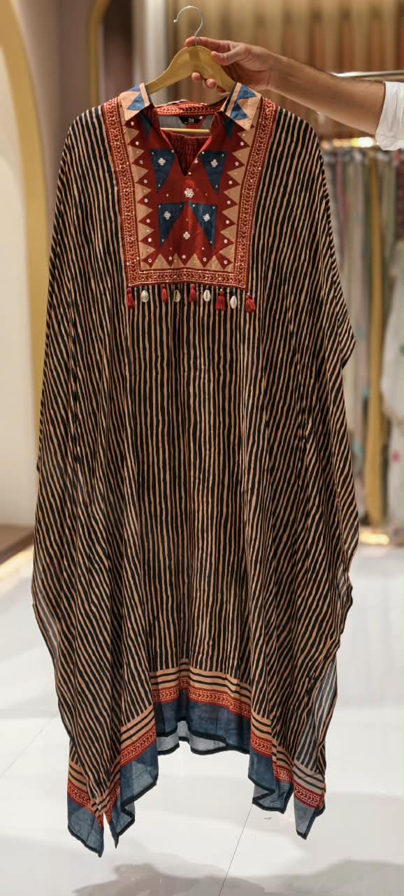 Assymetrical Linear Multicolor Prints Boho Look Kaftan Style Muslin Indo-Wear With Bottom- 16096, 16097