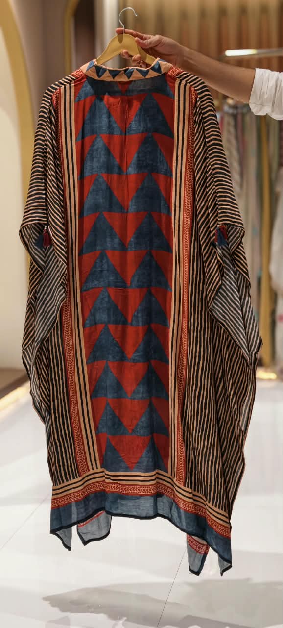 Assymetrical Linear Multicolor Prints Boho Look Kaftan Style Muslin Indo-Wear With Bottom- 16096, 16097