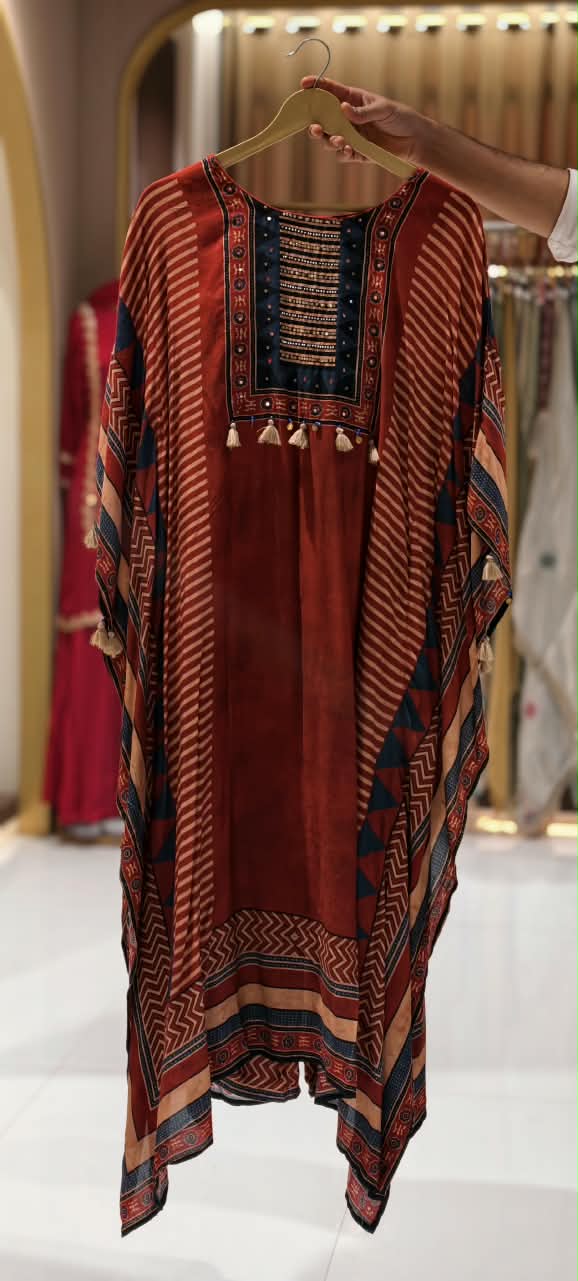Assymetrical Linear Multicolor Prints Boho Look Kaftan Style Muslin Indo-Wear With Bottom- 16096, 16097