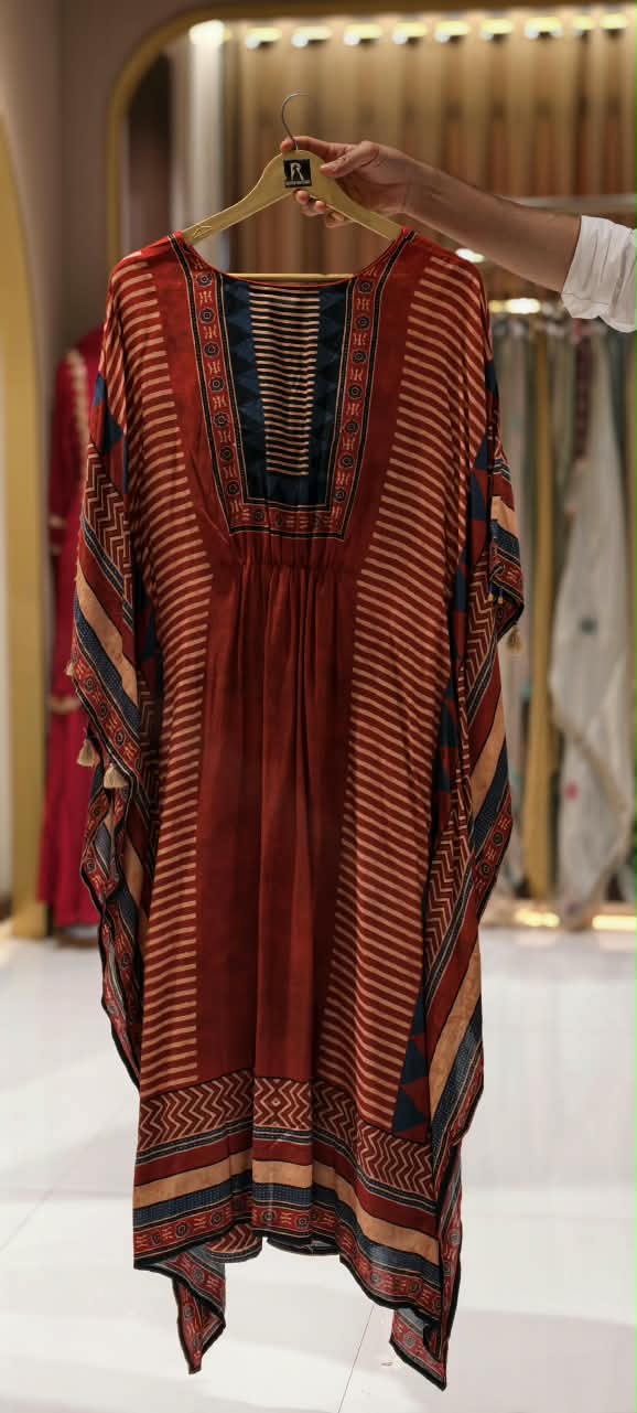 Assymetrical Linear Multicolor Prints Boho Look Kaftan Style Muslin Indo-Wear With Bottom- 16096, 16097