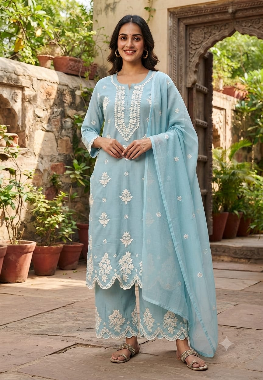 Chikankari Thread Embroidered Pastel Shades Full Suit Set With Dupatta In Muslin Fabric- 16091