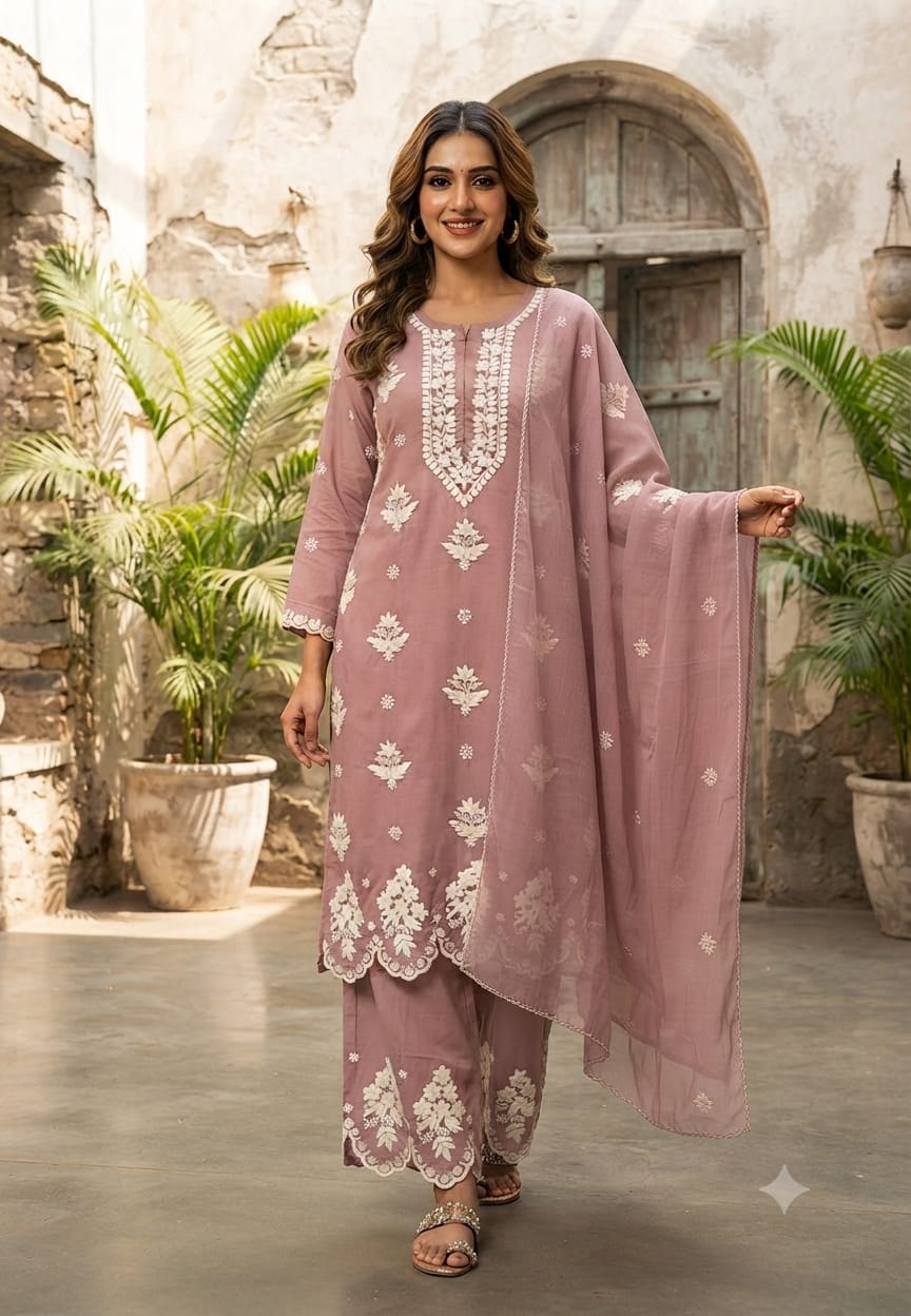 Chikankari Thread Embroidered Pastel Shades Full Suit Set With Dupatta In Muslin Fabric- 16091