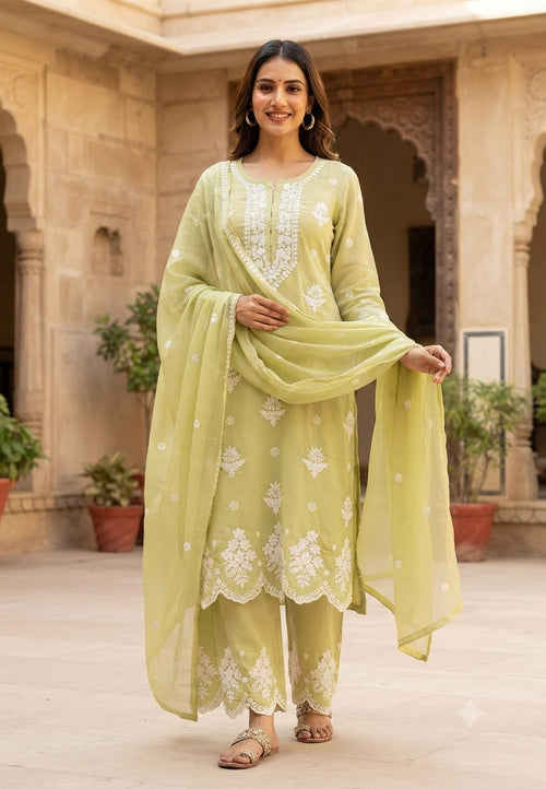 Chikankari Thread Embroidered Pastel Shades Full Suit Set With Dupatta In Muslin Fabric- 16091