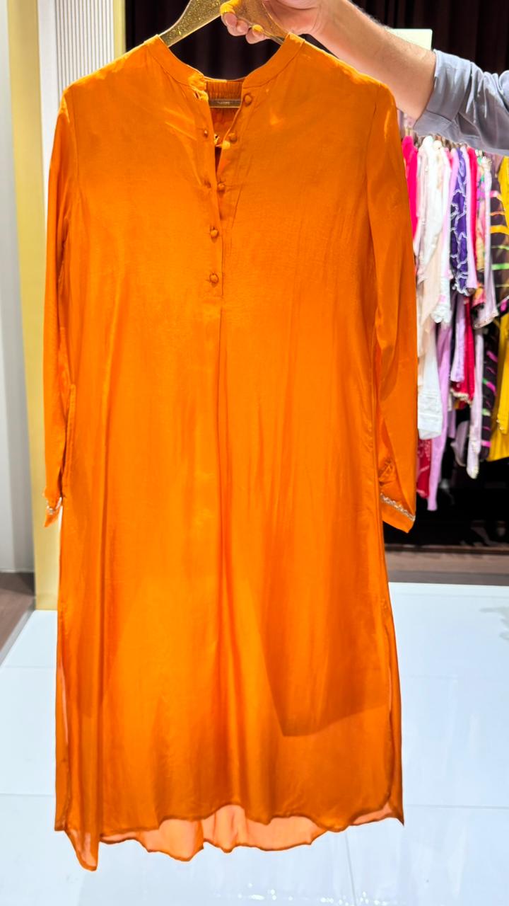 Vibrant Blunt Orange Button Down Mandarin Collar Kurta Pant Set- 15816