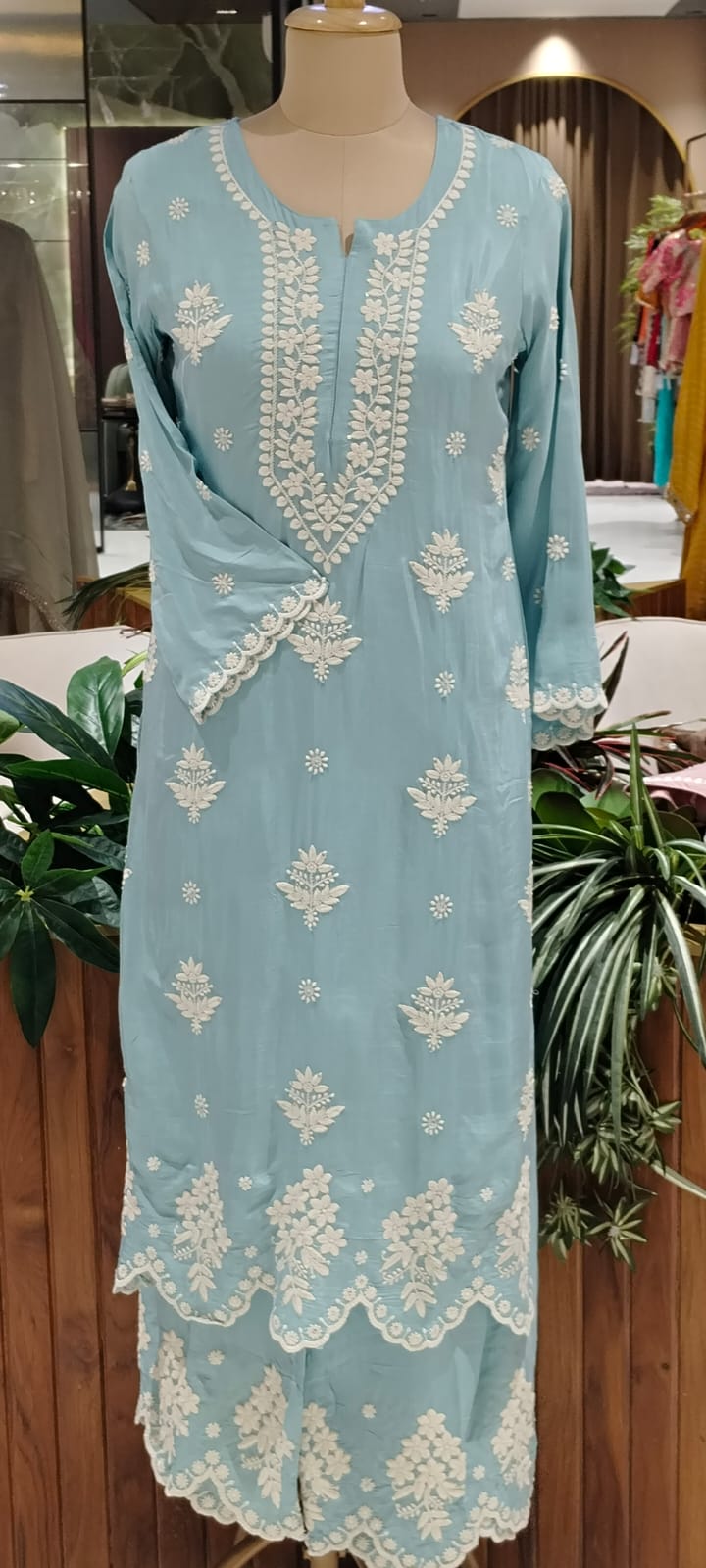 Chikankari Thread Embroidered Pastel Shades Full Suit Set With Dupatta In Muslin Fabric- 16091