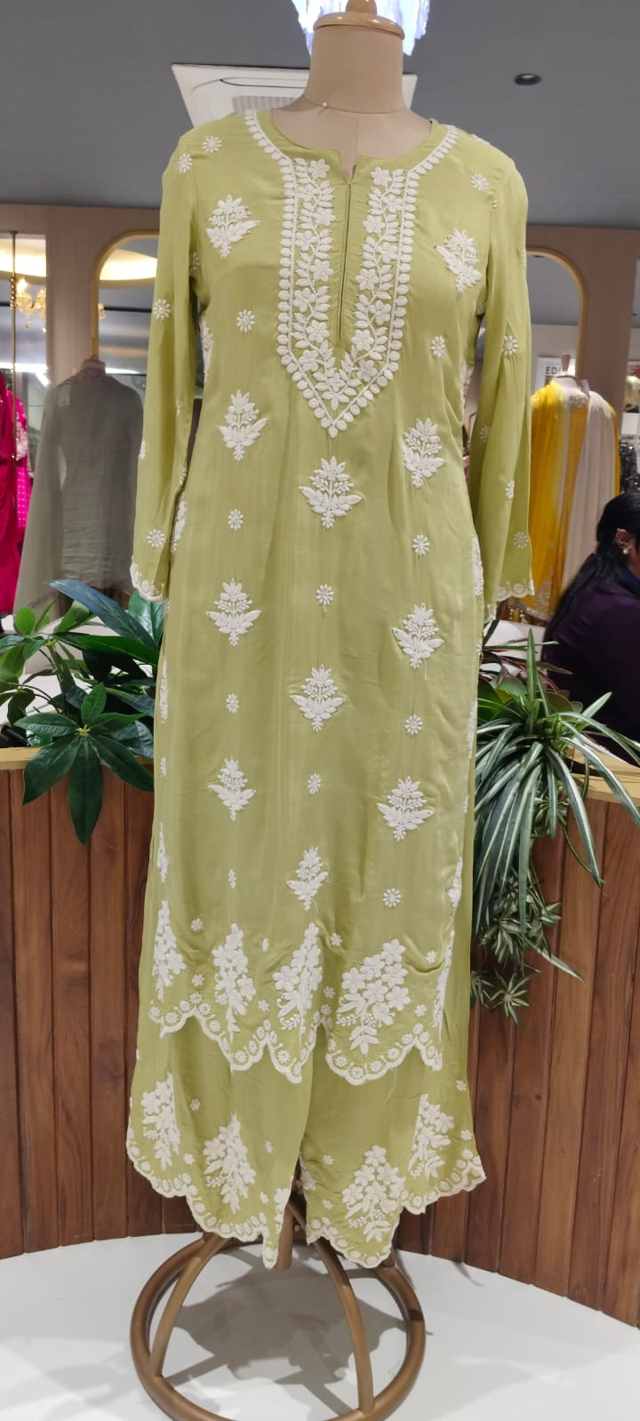 Chikankari Thread Embroidered Pastel Shades Full Suit Set With Dupatta In Muslin Fabric- 16091