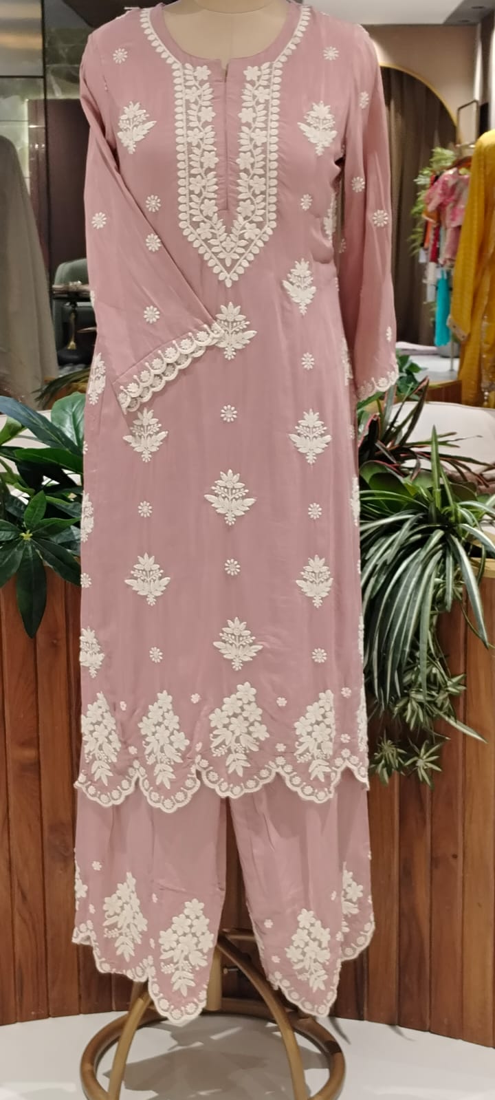 Chikankari Thread Embroidered Pastel Shades Full Suit Set With Dupatta In Muslin Fabric- 16091