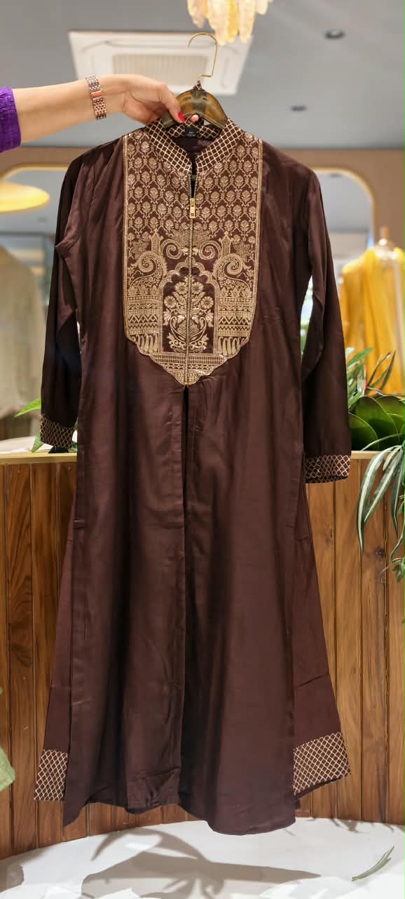 Brocade Highlights Yoke Solid A-Line Classy Indo-Wear With Seperate Potli- 16227