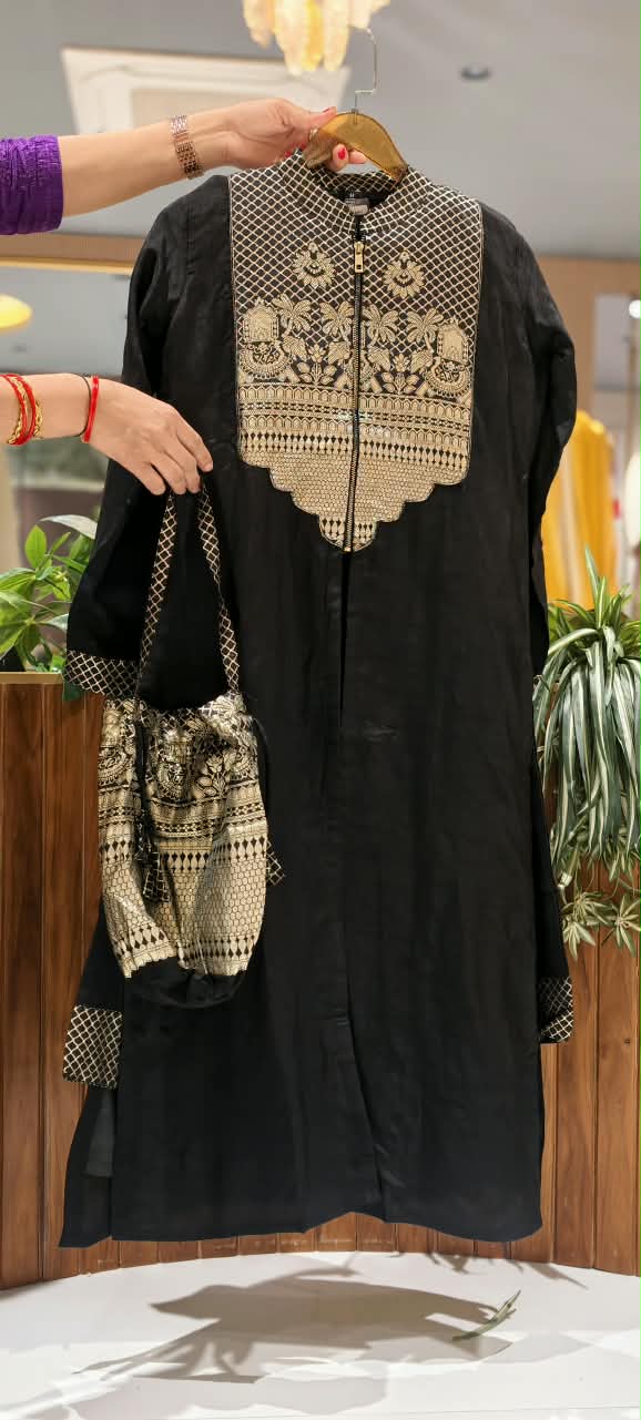 Brocade Highlights Yoke Solid A-Line Classy Indo-Wear With Seperate Potli- 16227