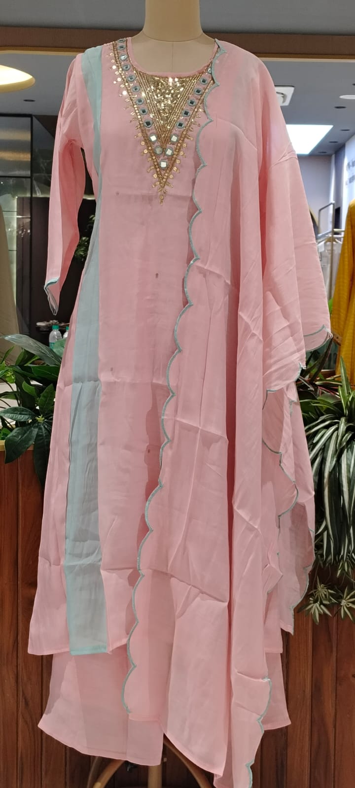 Real Mirror With Sequin Beautiful A-Line Surat Mul-Chanderi Full Suit Set With Dupatta- 16223