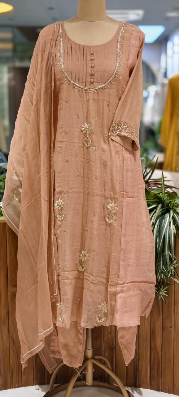 English Color Palette Suttle Work Beautiful A-Line Mul-Chanderi Full Suit Set With Dupatta-16220