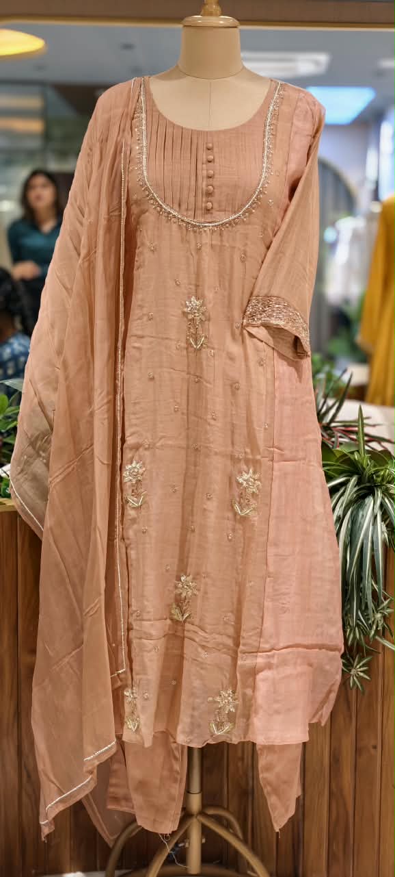 English Color Palette Suttle Work Beautiful A-Line Mul-Chanderi Full Suit Set With Dupatta-16220