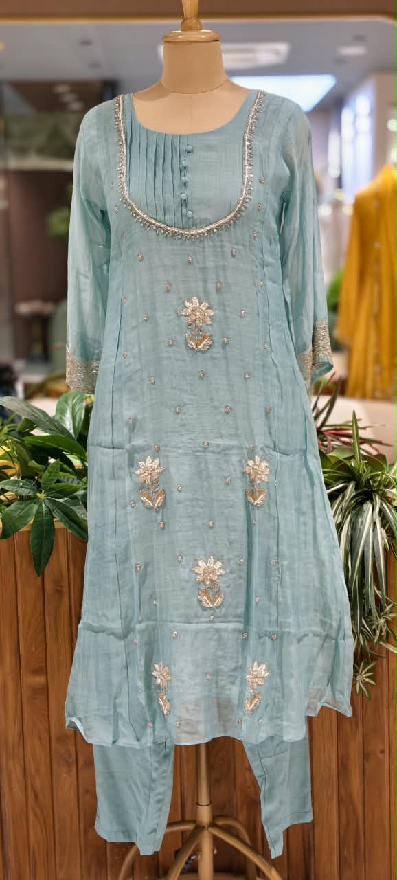 English Color Palette Suttle Work Beautiful A-Line Mul-Chanderi Full Suit Set With Dupatta-16220