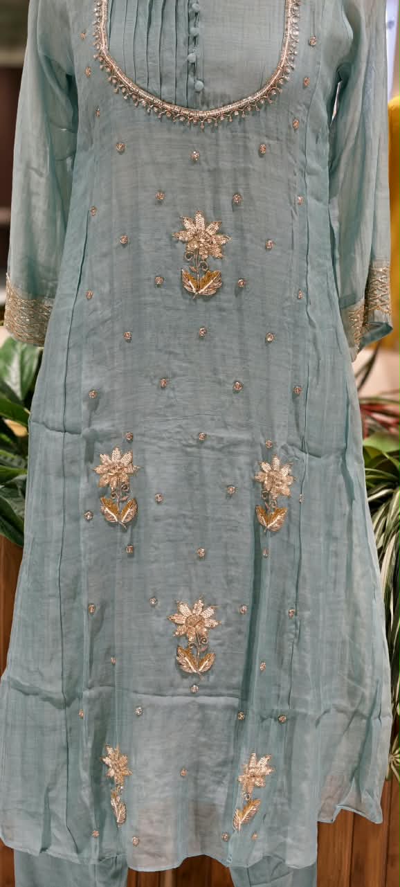 English Color Palette Suttle Work Beautiful A-Line Mul-Chanderi Full Suit Set With Dupatta-16220