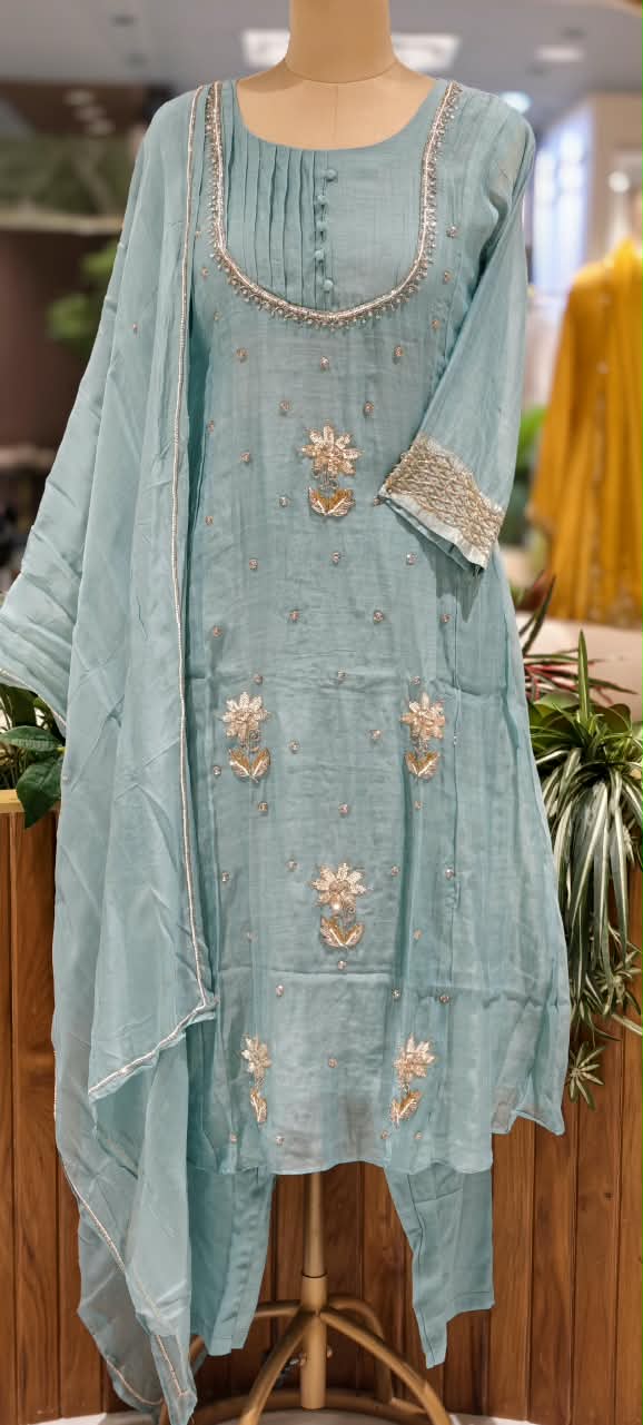 English Color Palette Suttle Work Beautiful A-Line Mul-Chanderi Full Suit Set With Dupatta-16220
