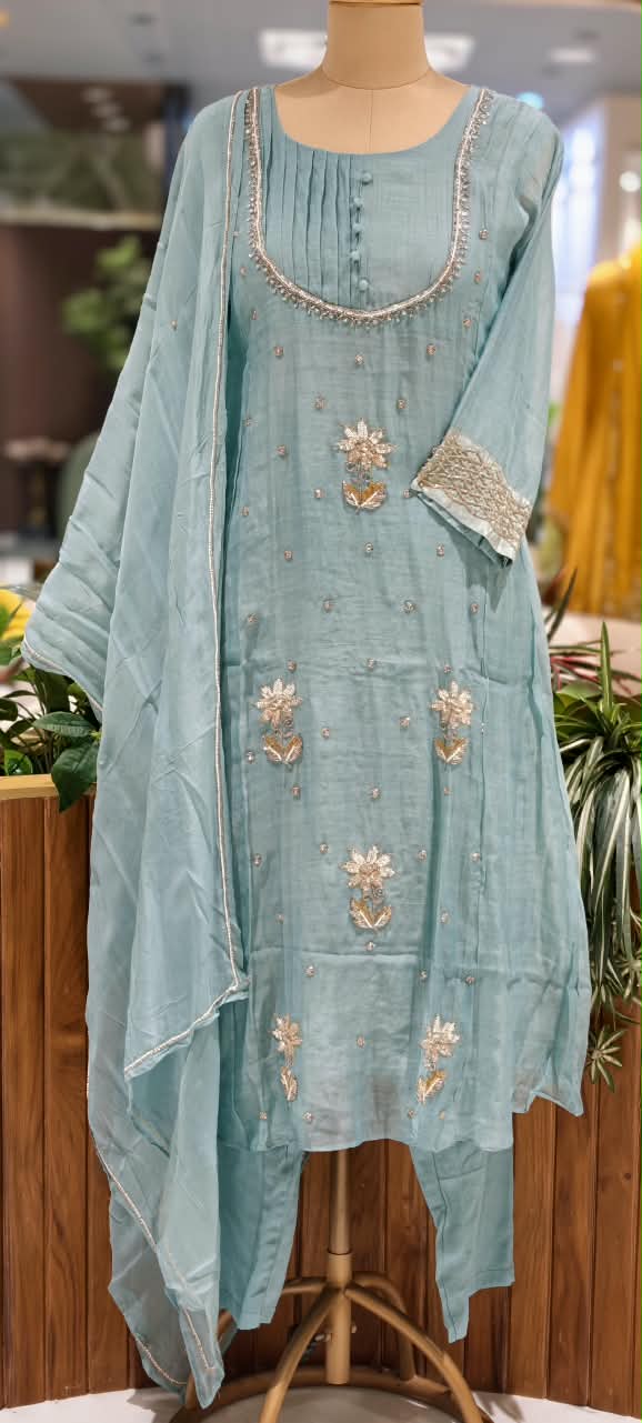English Color Palette Suttle Work Beautiful A-Line Mul-Chanderi Full Suit Set With Dupatta-16220