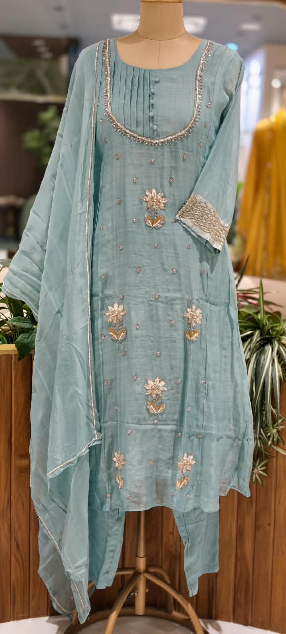 English Color Palette Suttle Work Beautiful A-Line Mul-Chanderi Full Suit Set With Dupatta-16220