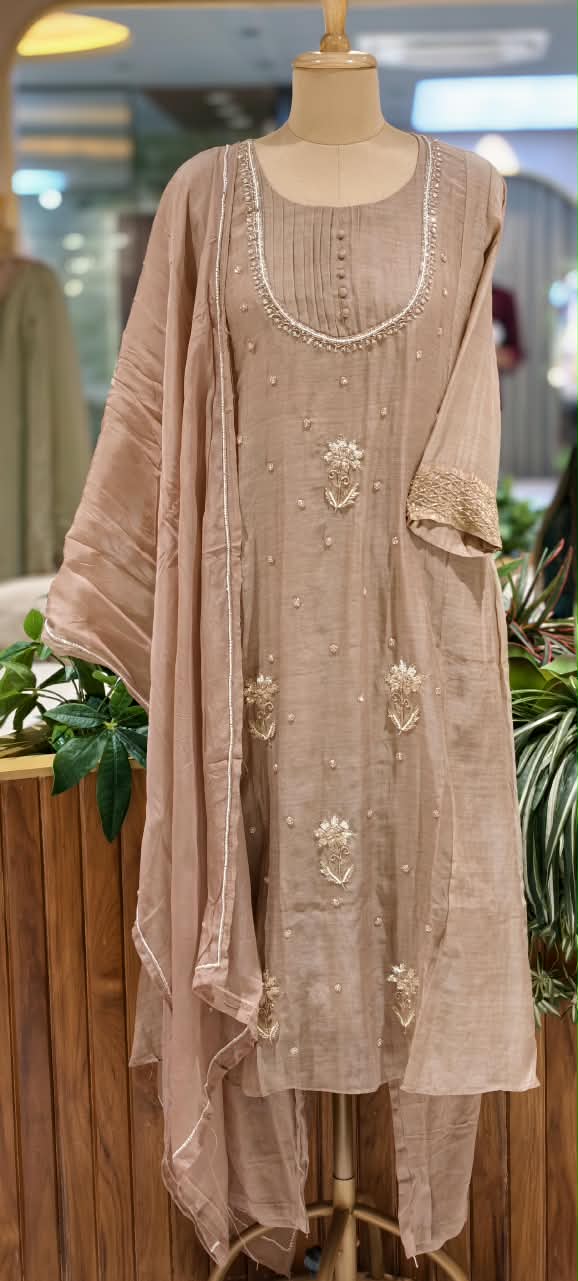 English Color Palette Suttle Work Beautiful A-Line Mul-Chanderi Full Suit Set With Dupatta-16220