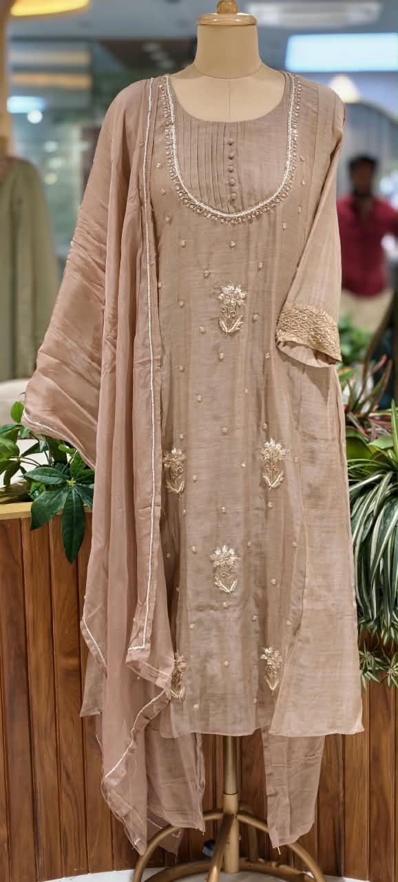 English Color Palette Suttle Work Beautiful A-Line Mul-Chanderi Full Suit Set With Dupatta-16220