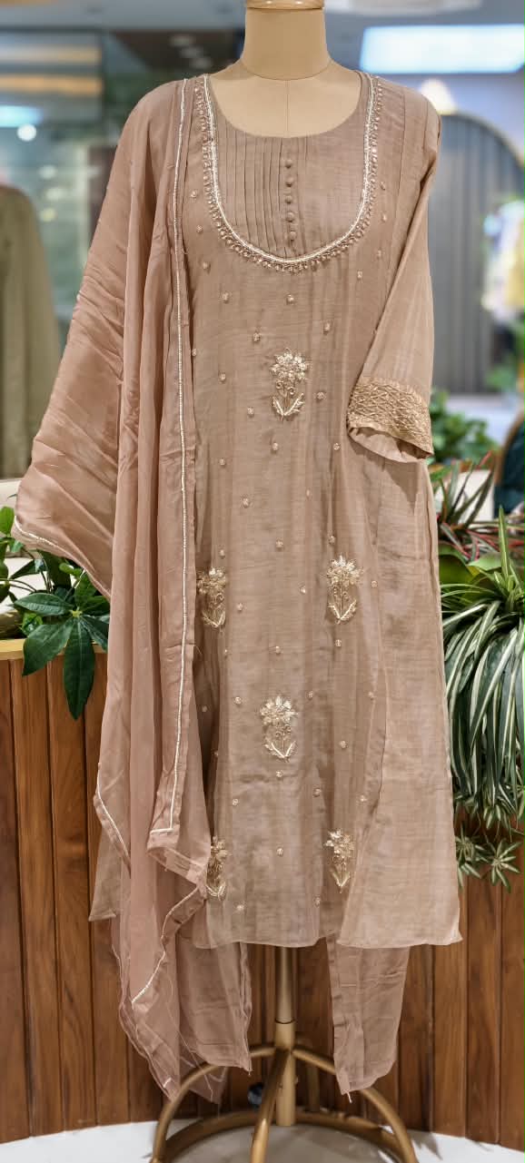 English Color Palette Suttle Work Beautiful A-Line Mul-Chanderi Full Suit Set With Dupatta-16220