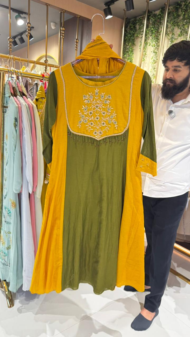 Vibrant Dual Tone Minimal Yoke Embroidered Panel A-Line Full Suit Set With Dupatta In Mul-Chanderi Fabric- 16083