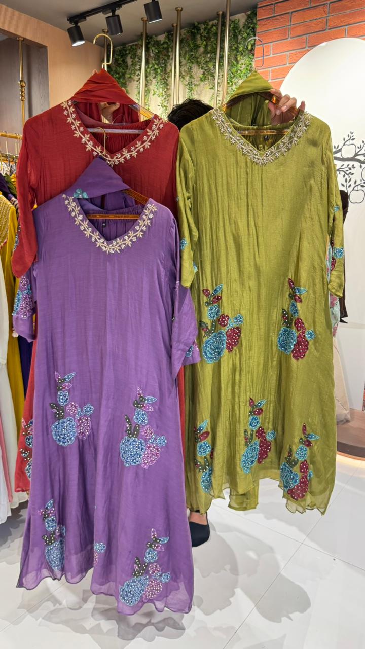 Colorful Floral Appliques Highlight Embroidered A-Line Mul-Chanderi Full Suit Set With Dupatta- 15945