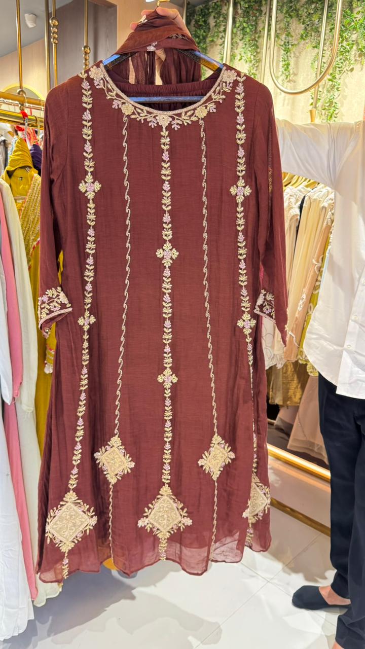 Choco Mocha Inspired Heavy Embroidery A-Line Mul-Chanderi Full Suit Set With Dupatta- 14989
