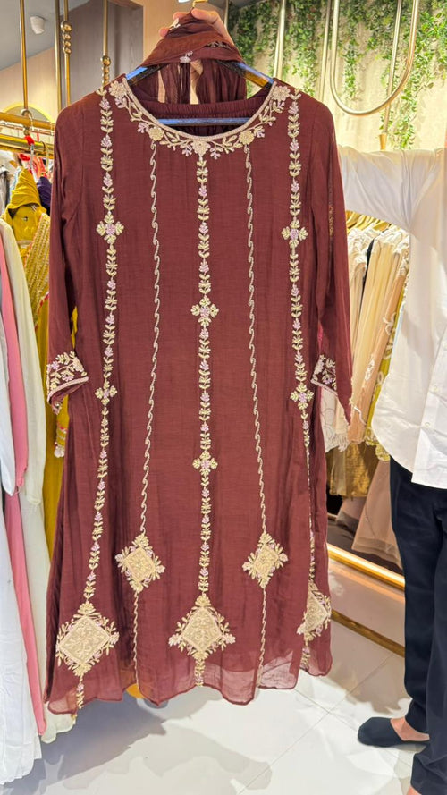 Choco Mocha Inspired Heavy Embroidery A-Line Mul-Chanderi Full Suit Set With Dupatta- 14989