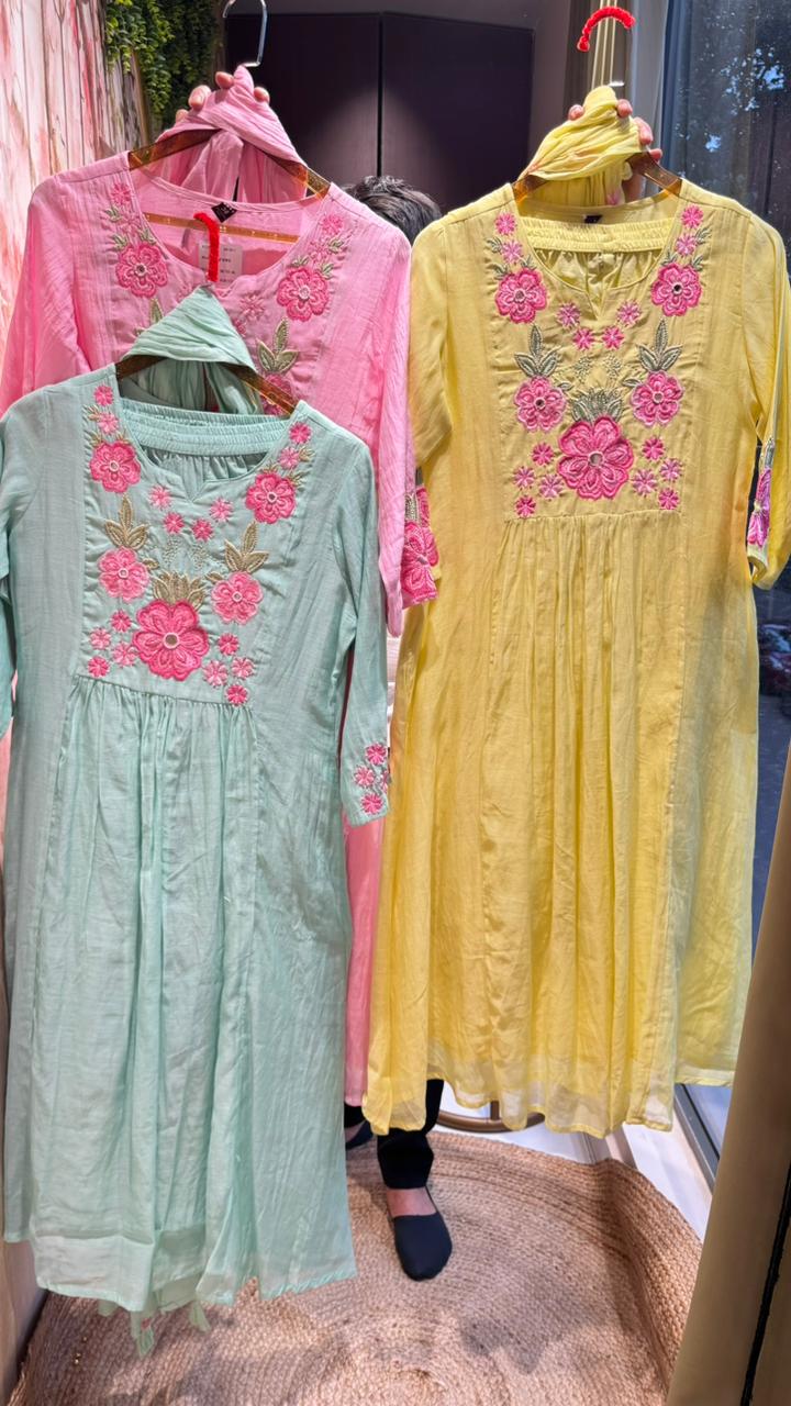 Fine Intricate Cute Floral Embroidered Block Yoke A-Line Full Suit Set With Dupatta- 16086